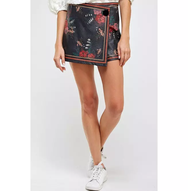 Women's Faux Leather Floral Wrap Skirts