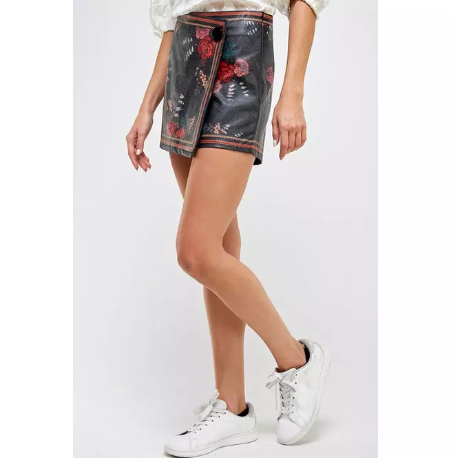 Women's Faux Leather Floral Wrap Skirts