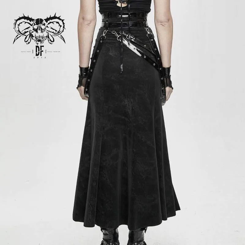 Women's Gothic PU Belts Slit Wrap Skirts