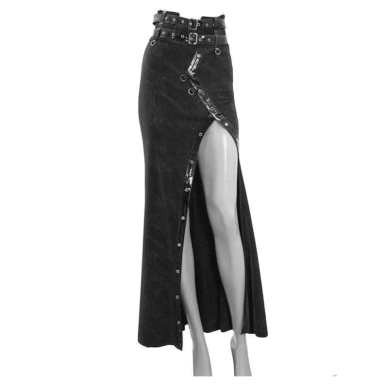 Women's Gothic PU Belts Slit Wrap Skirts