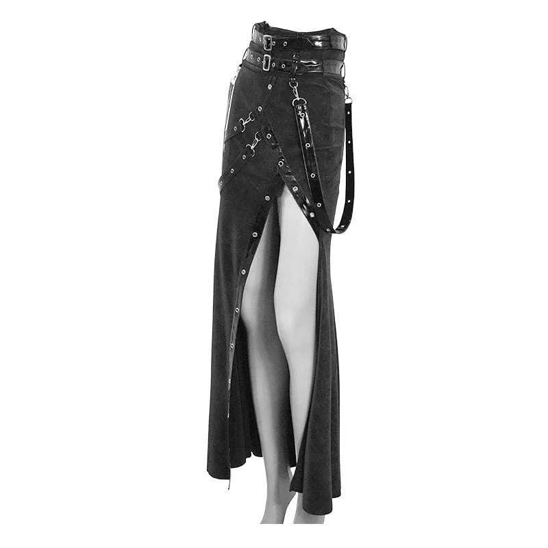 Women's Gothic PU Belts Slit Wrap Skirts