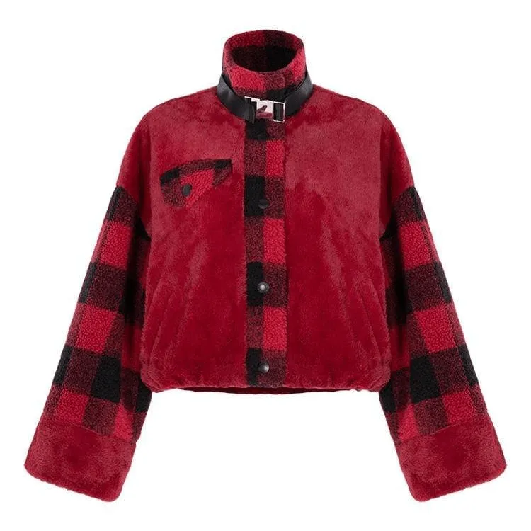 Women's High Neck Trumpet Sleeved Plaid Pola Fleece Jackets With Neck Strap